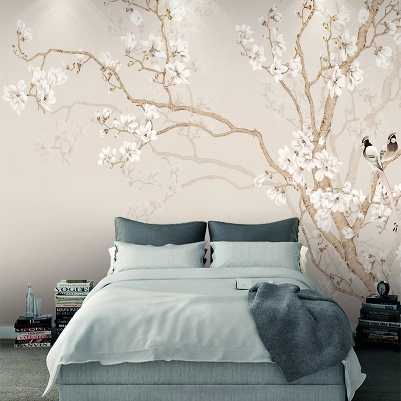 Home Textiles Photos - ที่กำหนดเองภาพจิตรกรรมฝาผนังวอลล์เปเปอร์โมเดิร์นสไตล์จีนทาสี Magnolia ดอกไม้นกวอลล์เปเปอร์ห้องนอน Papel De Parede